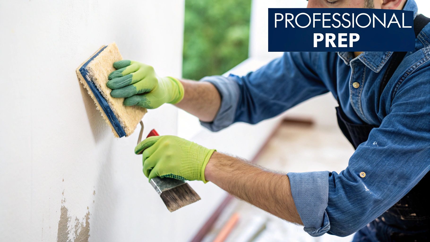 How To Prep Walls For Painting Like A Pro A Person In Green Gloves Uses A Sanding Block And Paintbrush To Prepare A Wall For Painting. How To Prep Walls For Painting Like A Pro