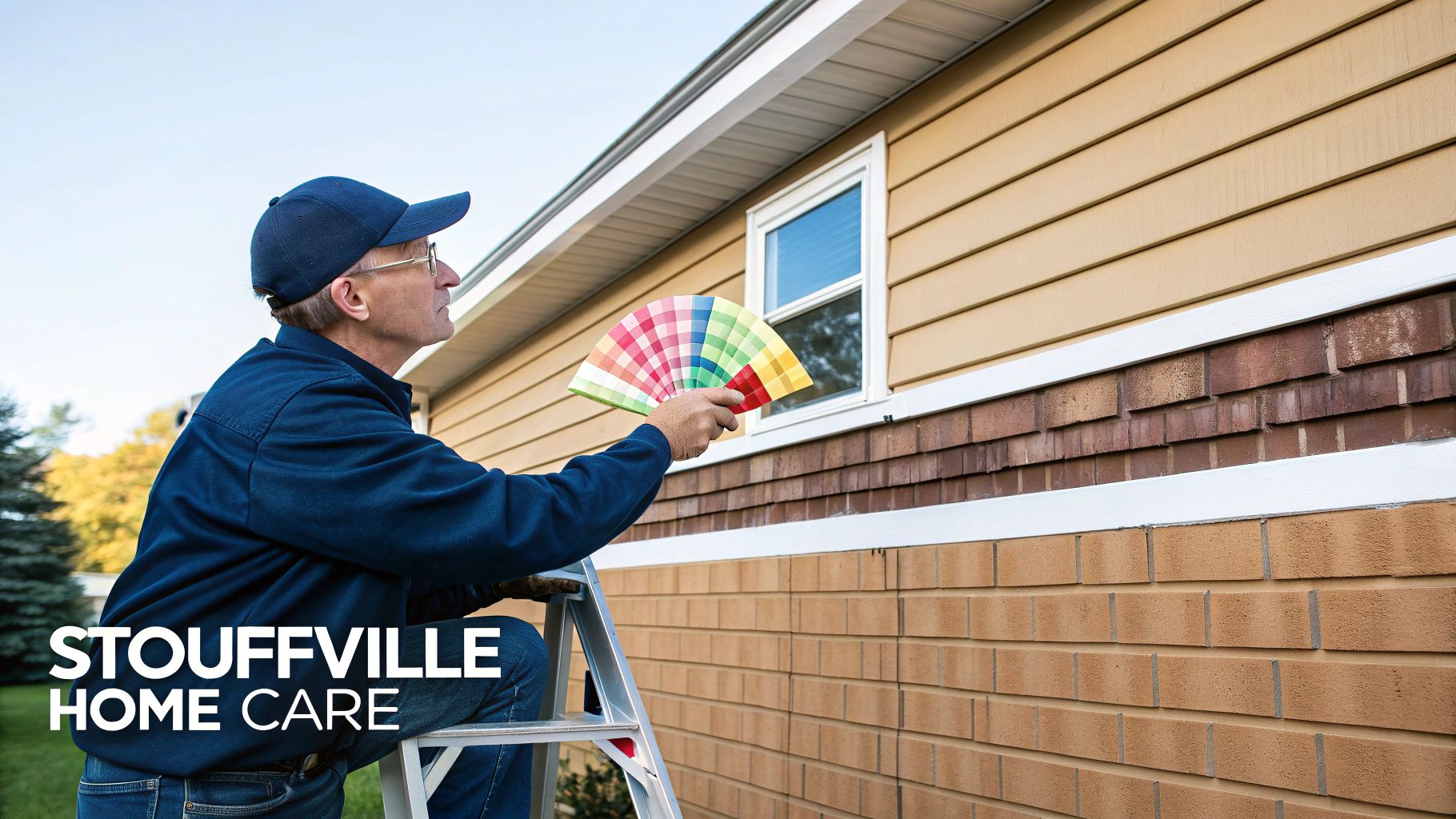 Home Painters In Stouffville | Royal Home Painters Is Your Top Choice Man On Ladder Holding Paint Color Swatches Against A House With Various Siding Types.