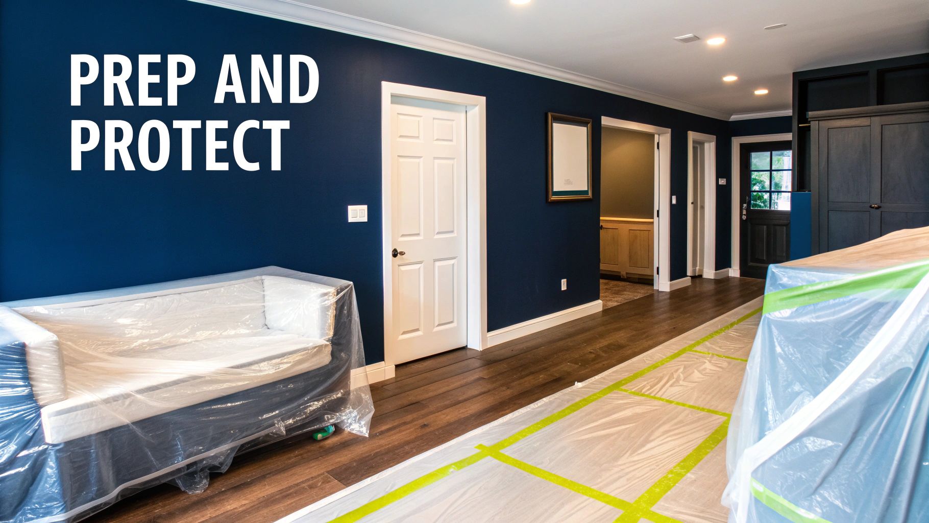 Condo Painting Checklist In Toronto: What To Know Before Hiring Painters A Room Prepared For Painting With Dark Blue Walls, A Covered Sofa, And Taped Plastic On The Floor.