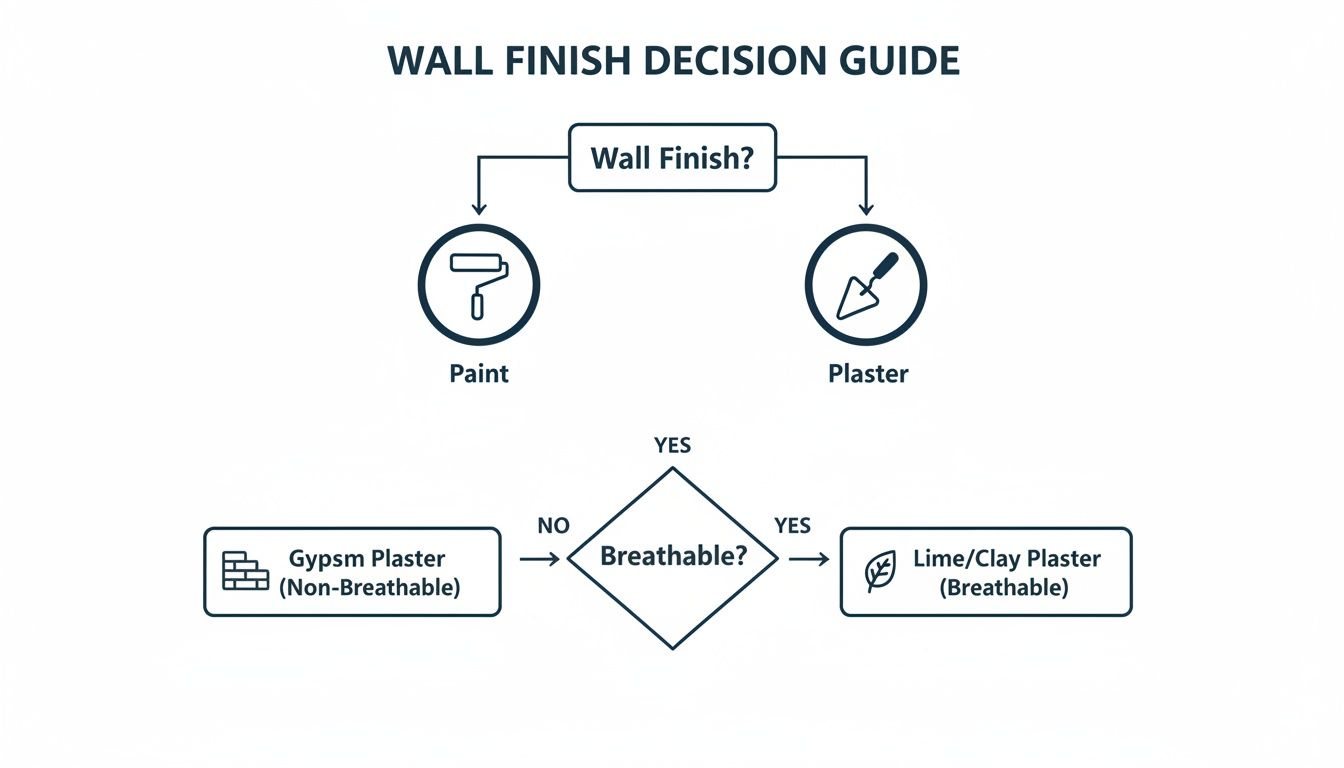 A Homeowner'S Guide To Venetian Plaster: Is It Right For Your Toronto Home? A Wall Finish Decision Guide Flowchart. It Offers Choices Between Paint And Plaster, With Plaster Further Dividing Based On Breathability Into Gypsum Or Lime/Clay.