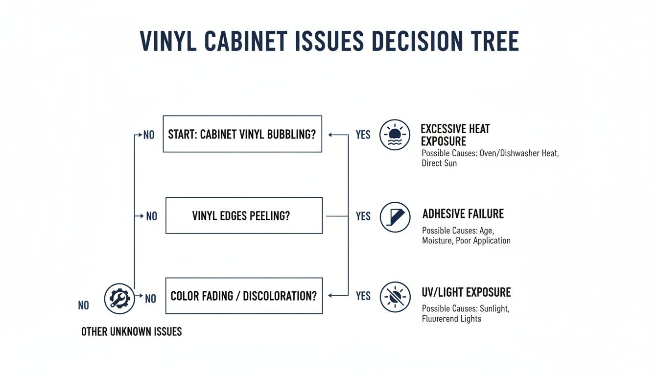 Vinyl Wrap Cabinet Doors: A Guide For Toronto Homeowners Decision Tree Illustrating Common Vinyl Wrap Cabinet Doors Issues Like Bubbling, Peeling, And Fading With Their Causes.