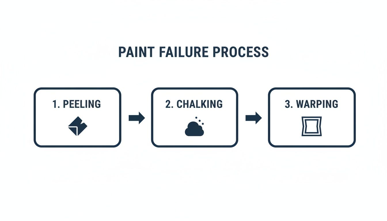 Painting Vinyl Windows: What Toronto Homeowners Must Know Before Repainting Vinyl Frames &Amp; Doors Diagram Showing The Paint Failure Process: Peeling, Chalking, And Warping In Sequential Steps.