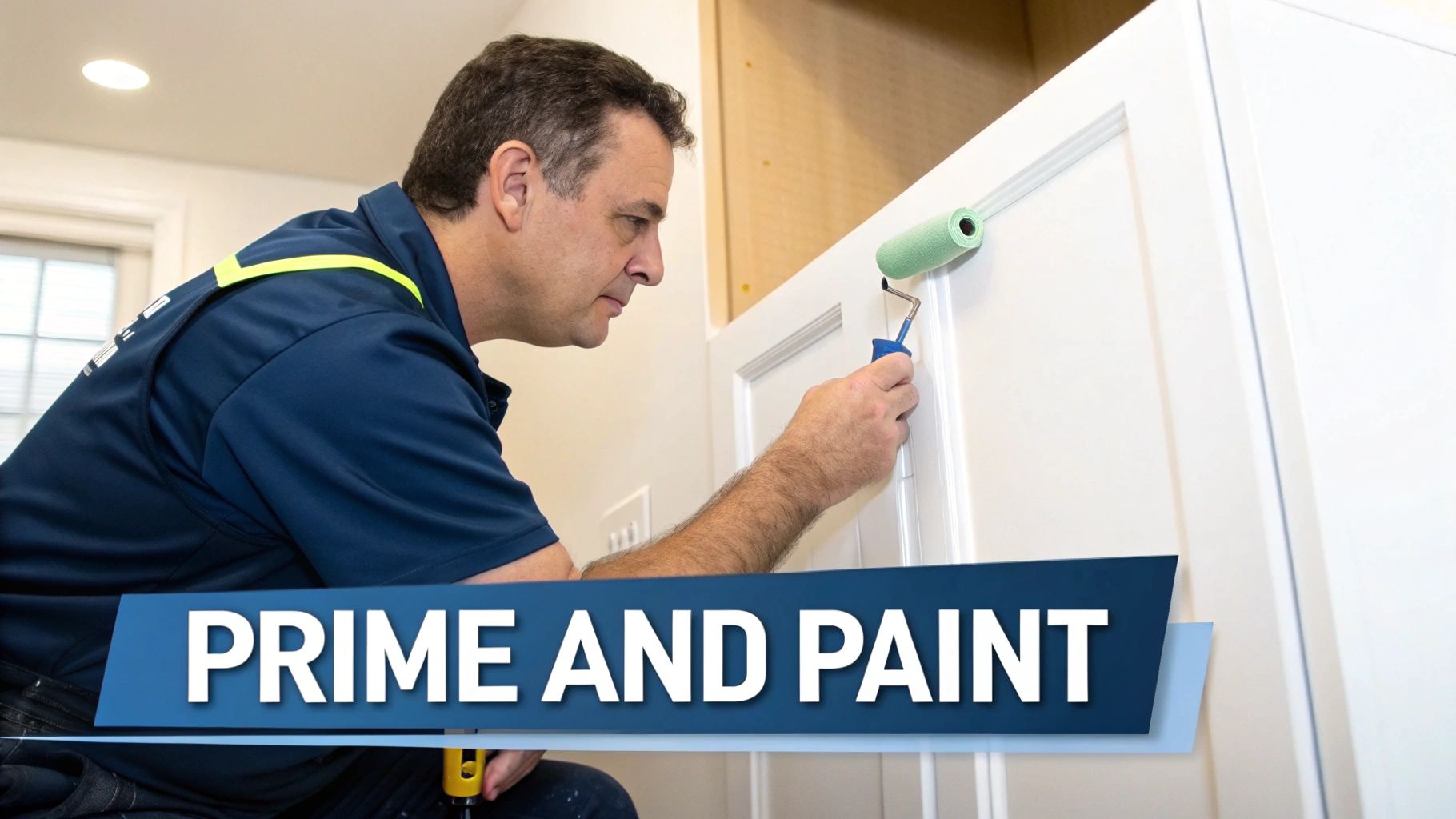 How To Paint Bathroom Cabinets: Expert Tips For A Flawless Finish In Toronto A Man Carefully Paints White Bathroom Cabinets Using A Small Green Paint Roller.