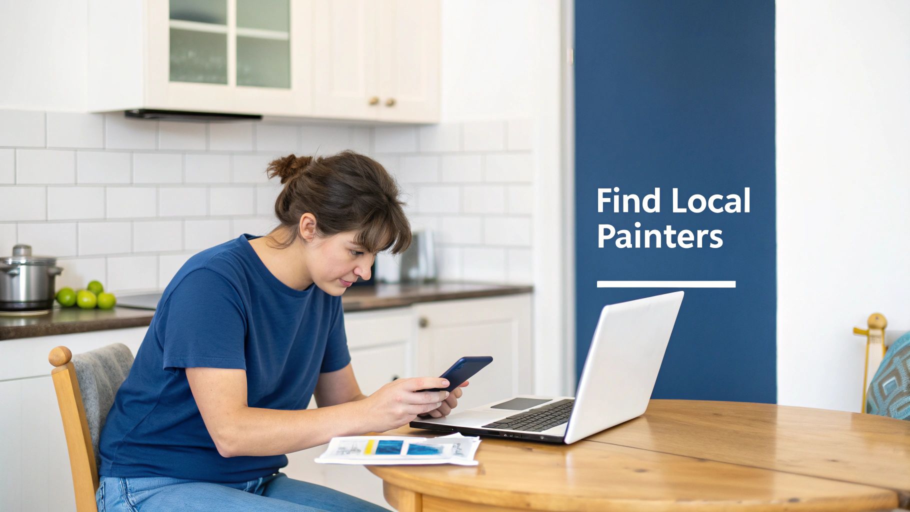 How To Find The Best Painting Company Near Me: A Toronto Guide A Woman Researching Painters On Her Phone And Laptop In A Modern Kitchen, With 'Find Local Painters' Text.