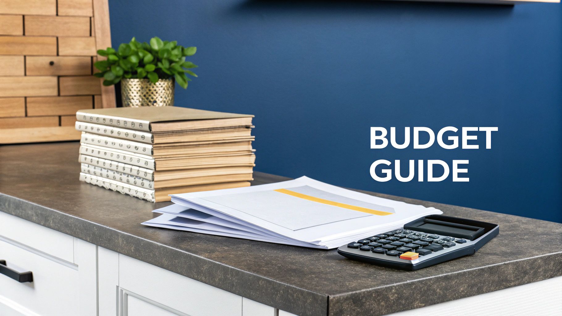 A Homeowner'S Guide To Spray Painting Kitchen Cabinets A Desk With A Stack Of Books, Papers, And A Calculator, With 'Budget Guide' Text.