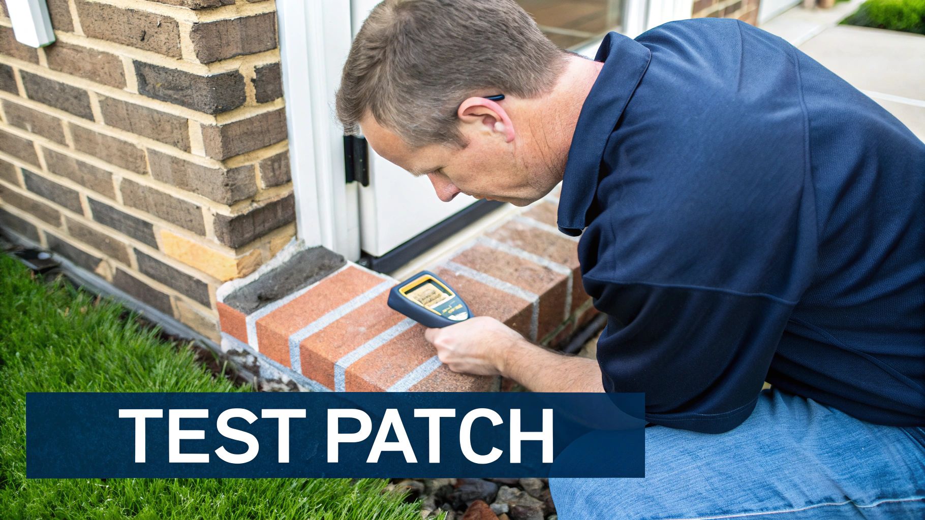 Brick Staining Vs Painting: The Best Way To Transform Your Toronto Home A Man In A Blue Shirt Inspects A Brick Wall Near A Doorway With A Handheld Moisture Meter.