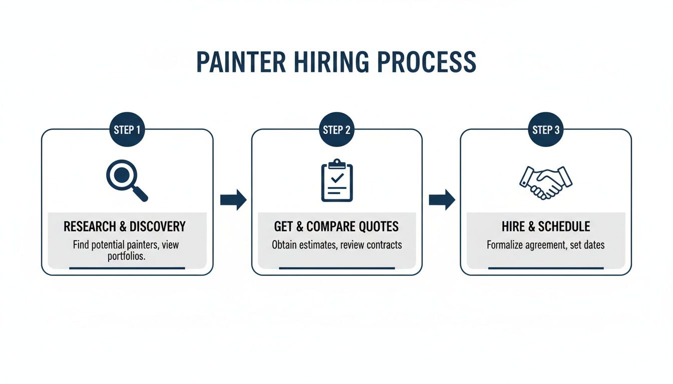 Elevate Your Space With High-End Custom House Painting A Clear, Three-Step Visual Guide To The Painter Hiring Process: Research, Quotes, And Scheduling.