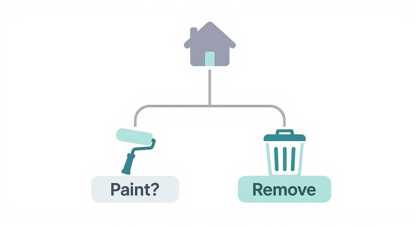 How To Paint A Popcorn Ceiling: A Complete Guide For Toronto Homes Paint Popcorn Ceiling. A Decision Tree With A House Icon Branching To 'Paint?' With A Roller And 'Remove' With A Trash Can.