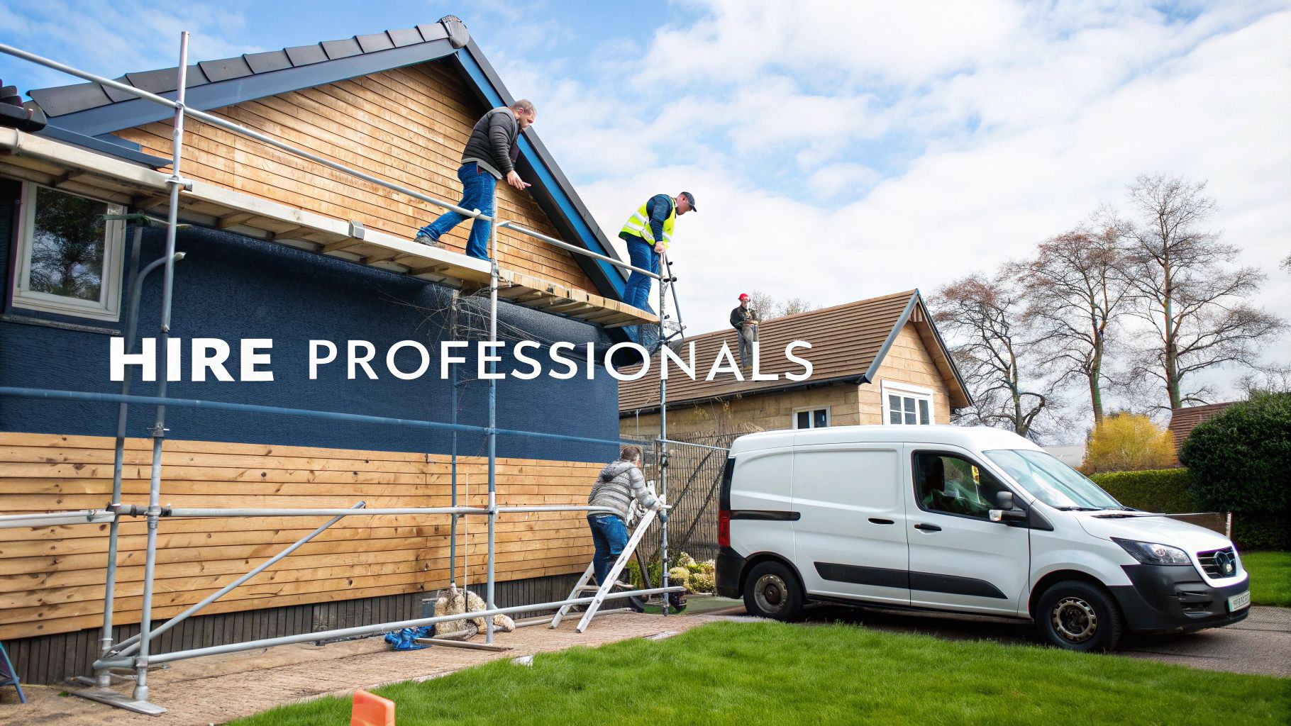 Choosing The Best Exterior Paint For Wood In Toronto Construction Workers On Scaffolding Painting Or Renovating The Wooden Exterior Of A House.