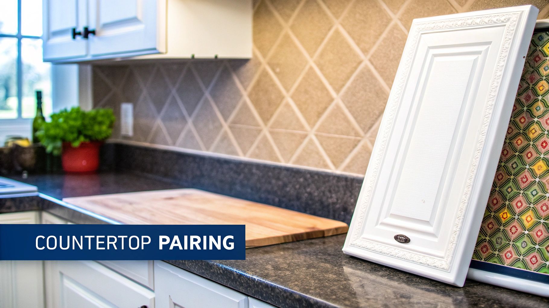 Ultimate Guide To Choosing The Best Colour For Kitchen Cabinet Painting In Toronto Kitchen Counter With Dark Speckled Countertop, Tan Diamond-Patterned Backsplash, And White Cabinet Door Sample.