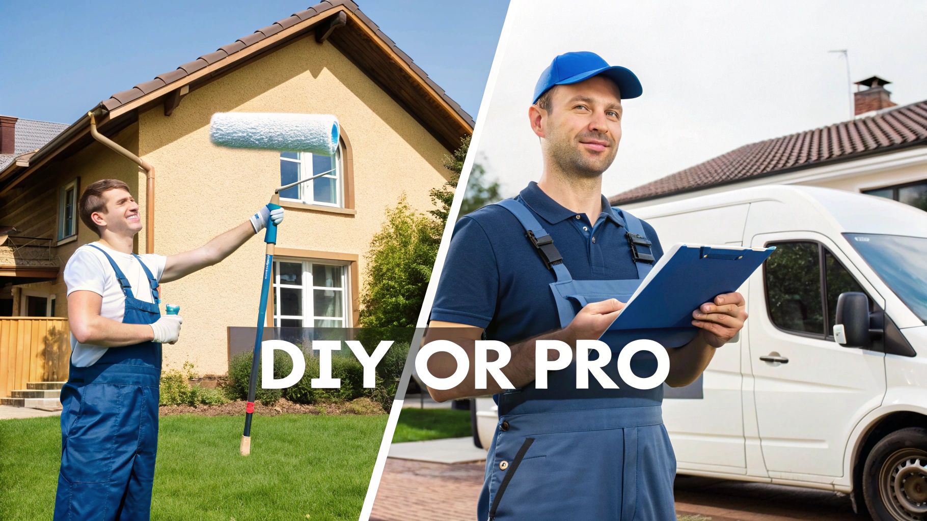 How To Paint Concrete Floors: A Toronto Homeowner'S Guide Split Image Showing A Man Painting His House Diy And A Professional Contractor Holding A Clipboard.