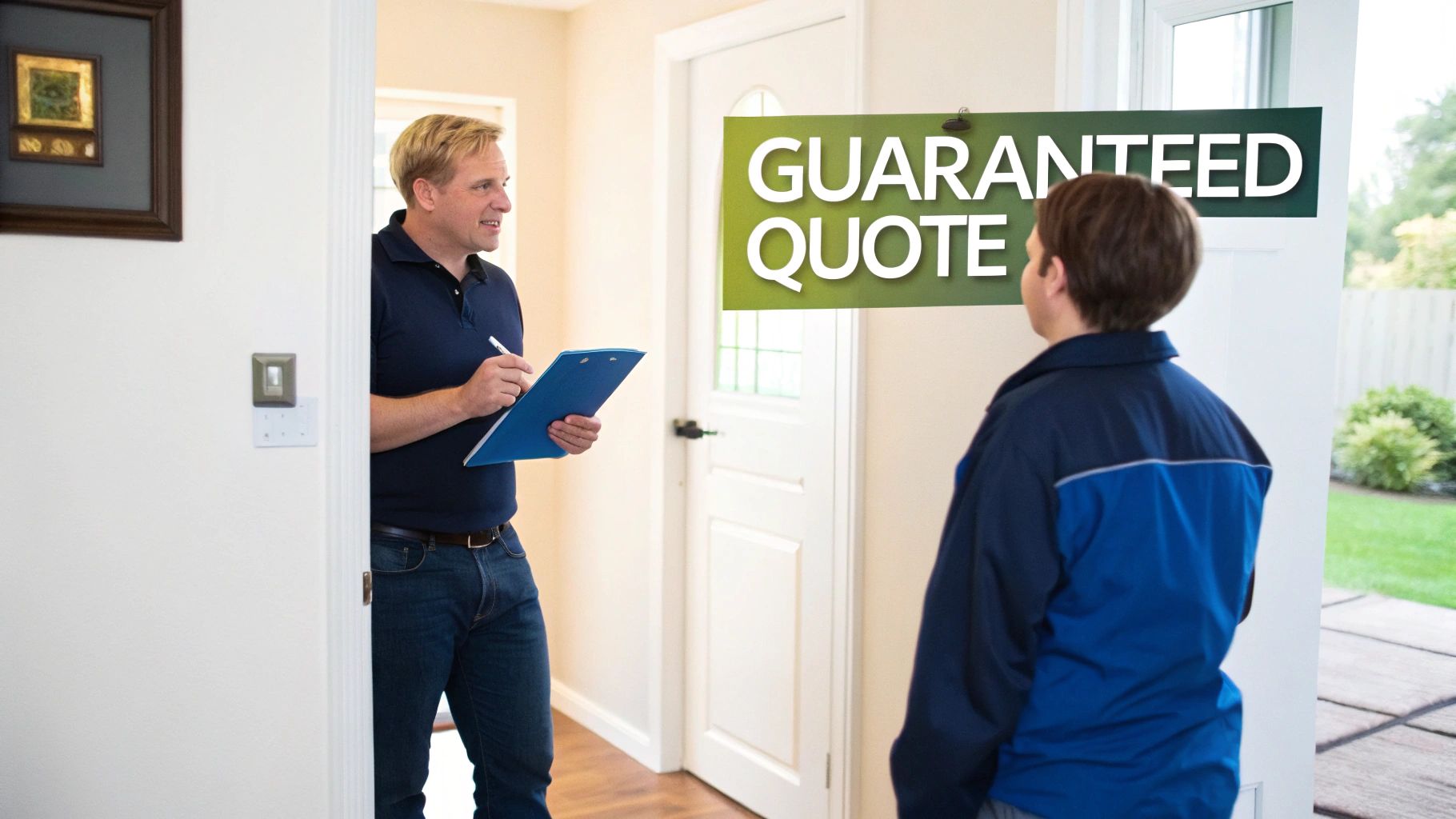 Interior Painting Cost In Toronto: The 2026 Pricing Guide Contractor Providing A Guaranteed Quote To A Client At A Home'S Entryway, Holding A Clipboard.