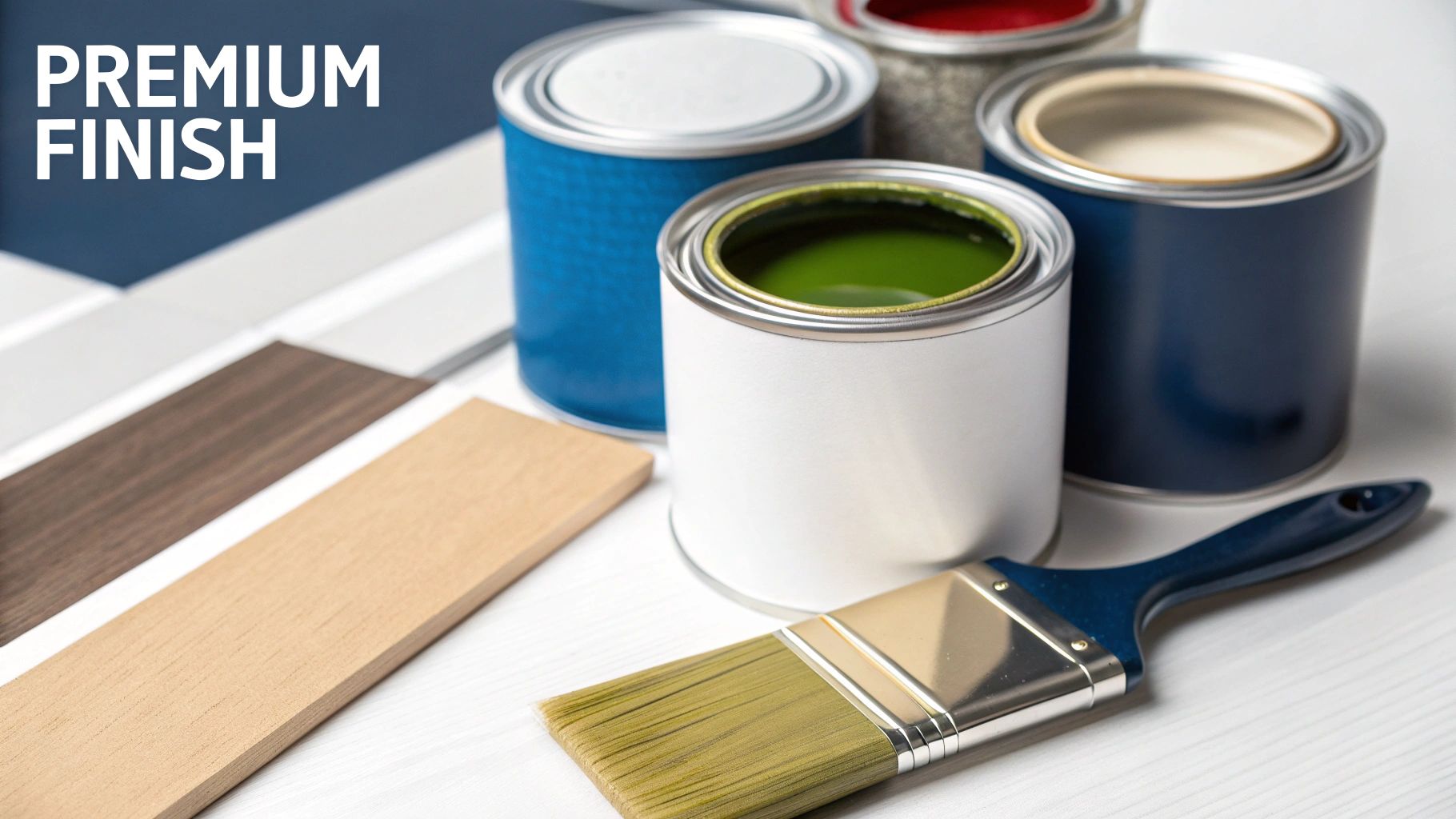 Elevate Your Space With High-End Custom House Painting An Array Of Colorful Paint Cans, A Brush, And Wood Samples For Premium Finish Painting Projects.