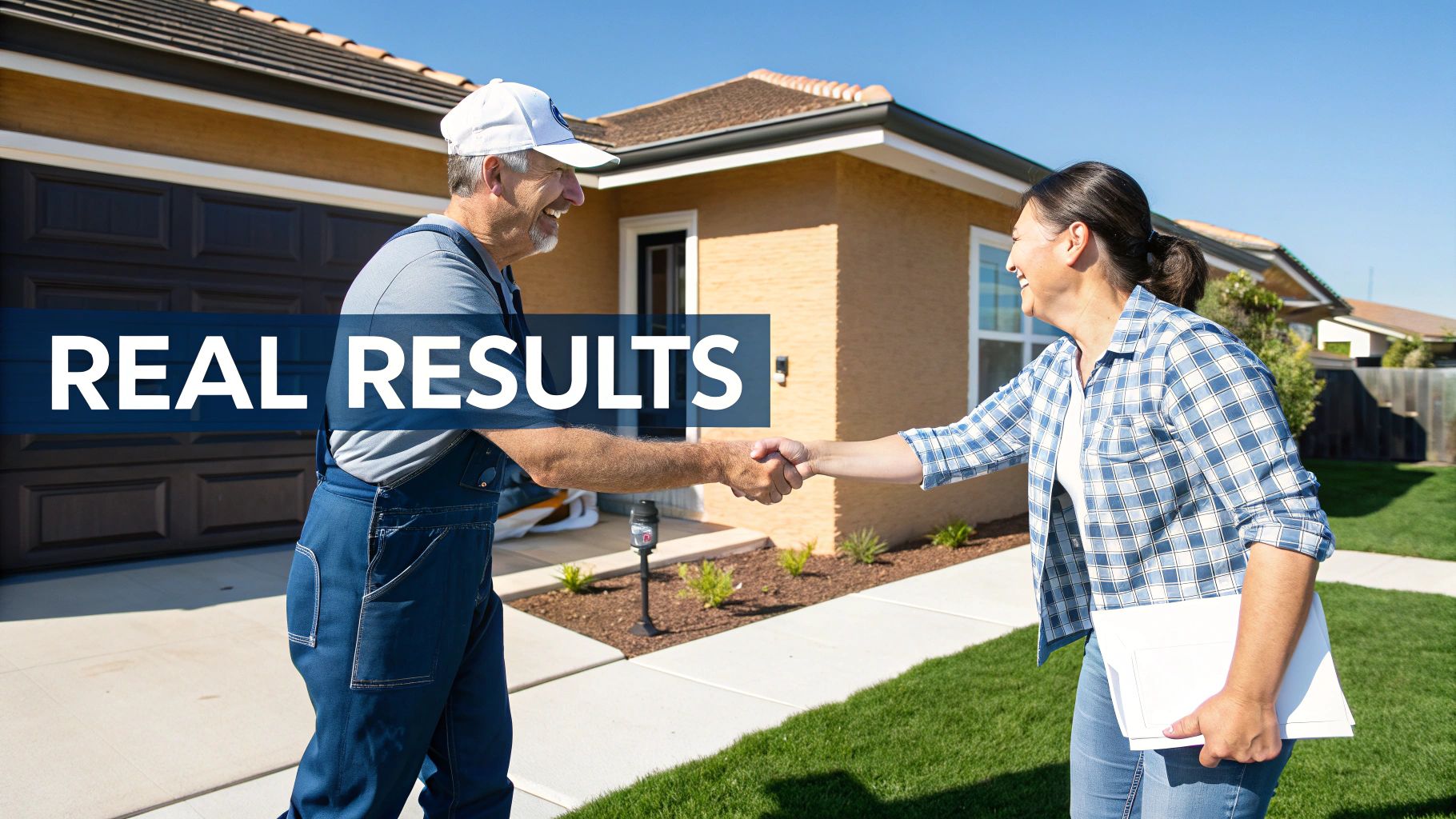 Top Choice For Home Painters In Newmarket A Man In Work Overalls And A Woman Shaking Hands In Front Of A House, Signifying Successful Results.