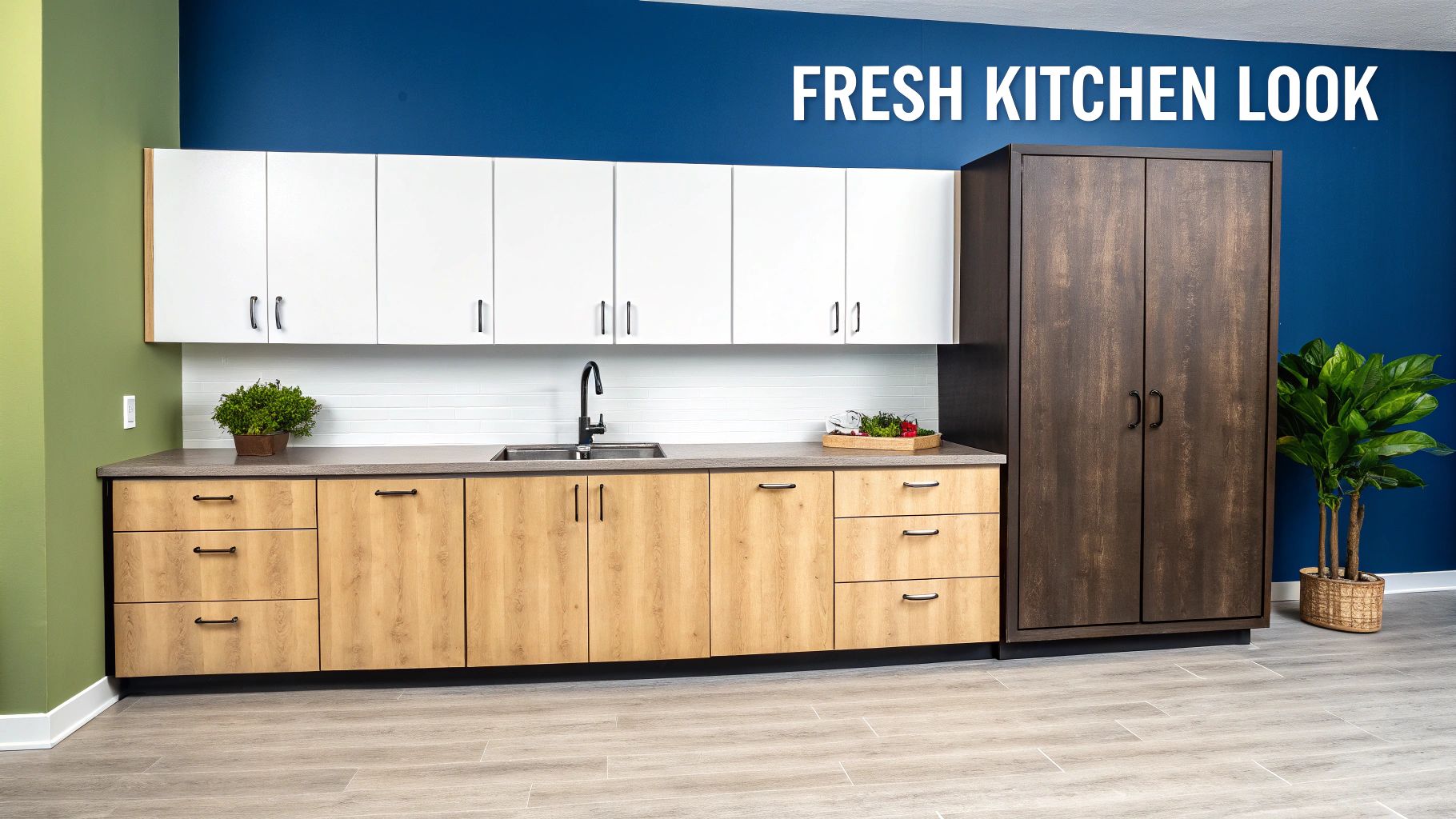 How To Reface Kitchen Cabinets: A Simple 5-Step Guide For Toronto Homes Fresh Kitchen Look With White Upper Cabinets, Light Wood Base Cabinets, And A Tall Dark Pantry.