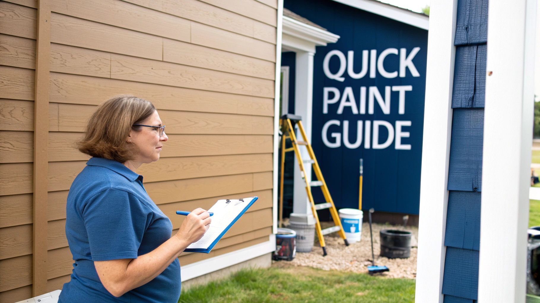 Choosing The Best Exterior Paint For Wood In Toronto A Pregnant Woman Reviews A Checklist For House Exterior Painting, With A &Quot;Quick Paint Guide&Quot; In The Background.