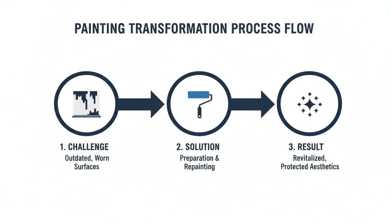 Home Painters In Stouffville | Royal Home Painters Is Your Top Choice A Three-Step Painting Transformation Process Flow Diagram: Challenge (Worn Surfaces), Solution (Repainting), Result (Revitalized Aesthetics).