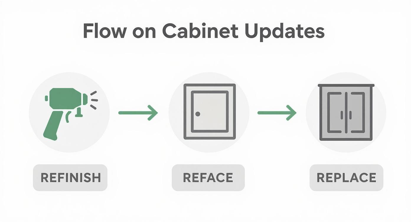 Kitchen Cabinet Refinishing Near Me: Free Quotes In Toronto Visual Flow Chart Illustrating Options For Cabinet Updates: Refinish (Spray Gun), Reface, And Replace.