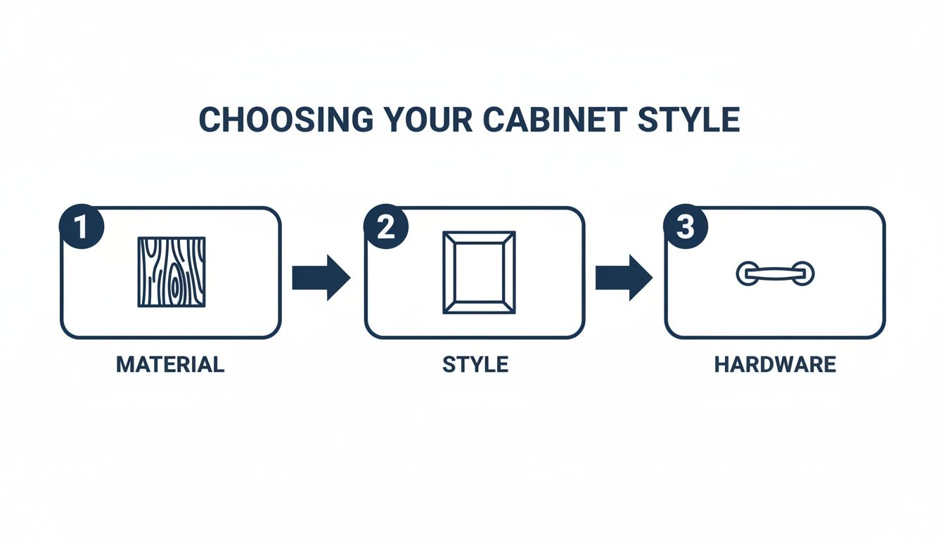 How To Reface Kitchen Cabinets: A Simple 5-Step Guide For Toronto Homes An Infographic Illustrating A Three-Step Process For Choosing Cabinet Style: Material, Style, And Hardware.