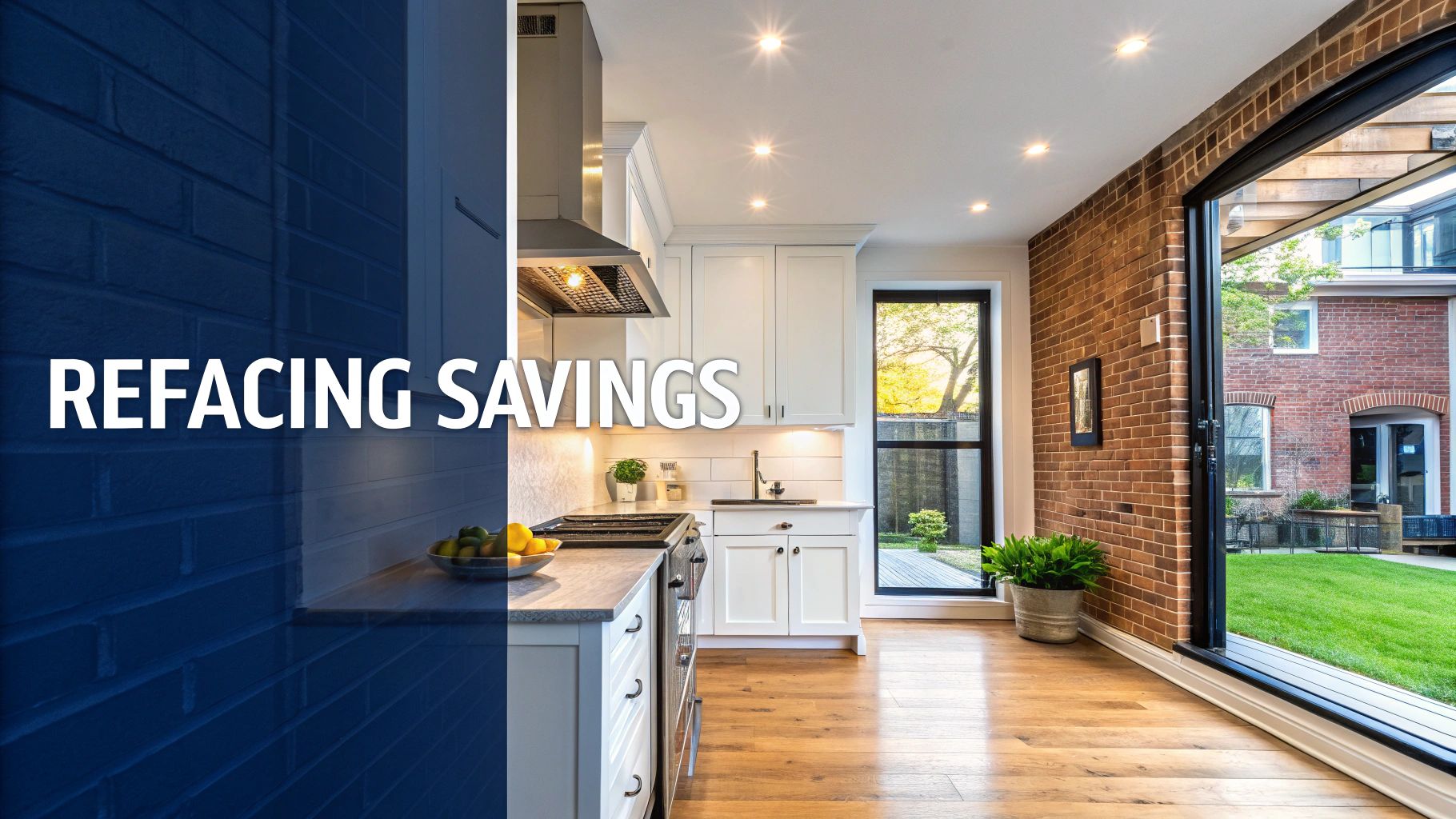 Kitchen Cabinet Refacing Cost In Toronto: Your 2024 Guide A Modern Kitchen Interior With White Cabinets, Light Wood Floor, Exposed Brick Walls, And A View To A Green Backyard.