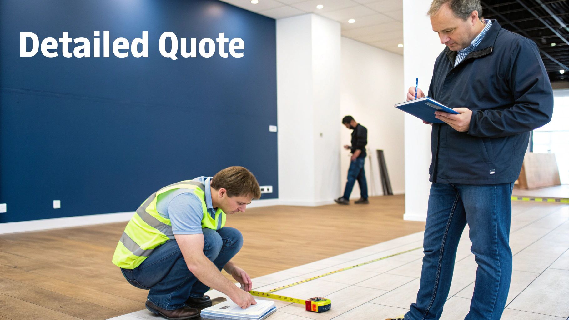 How To Find The Best Commercial Painting Contractors Near Me In Toronto Workers Measuring And Documenting A Commercial Space For A Detailed Quote, Showing Site Assessment.