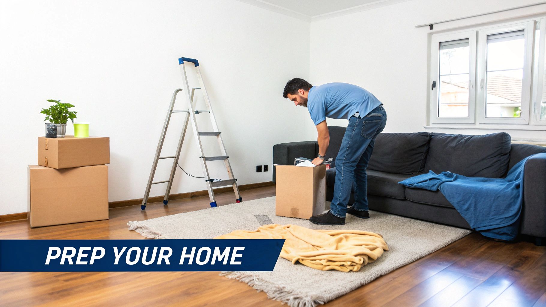 How To Find The Best Painting Company Near Me: A Toronto Guide A Man Packs Items Into A Cardboard Box In A Living Room, Preparing For A Move, With A Ladder And Other Boxes Nearby. Painting Company Near Me