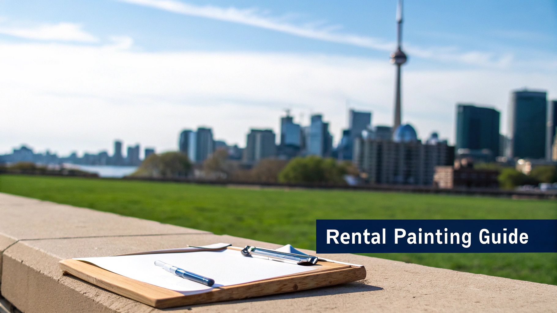 Professional Painting For Rental Apartments &Amp; High-Rise Buildings In Toronto Clipboard And Pen On A Stone Ledge Overlooking A City Skyline, With A 'Rental Painting Guide' Banner.