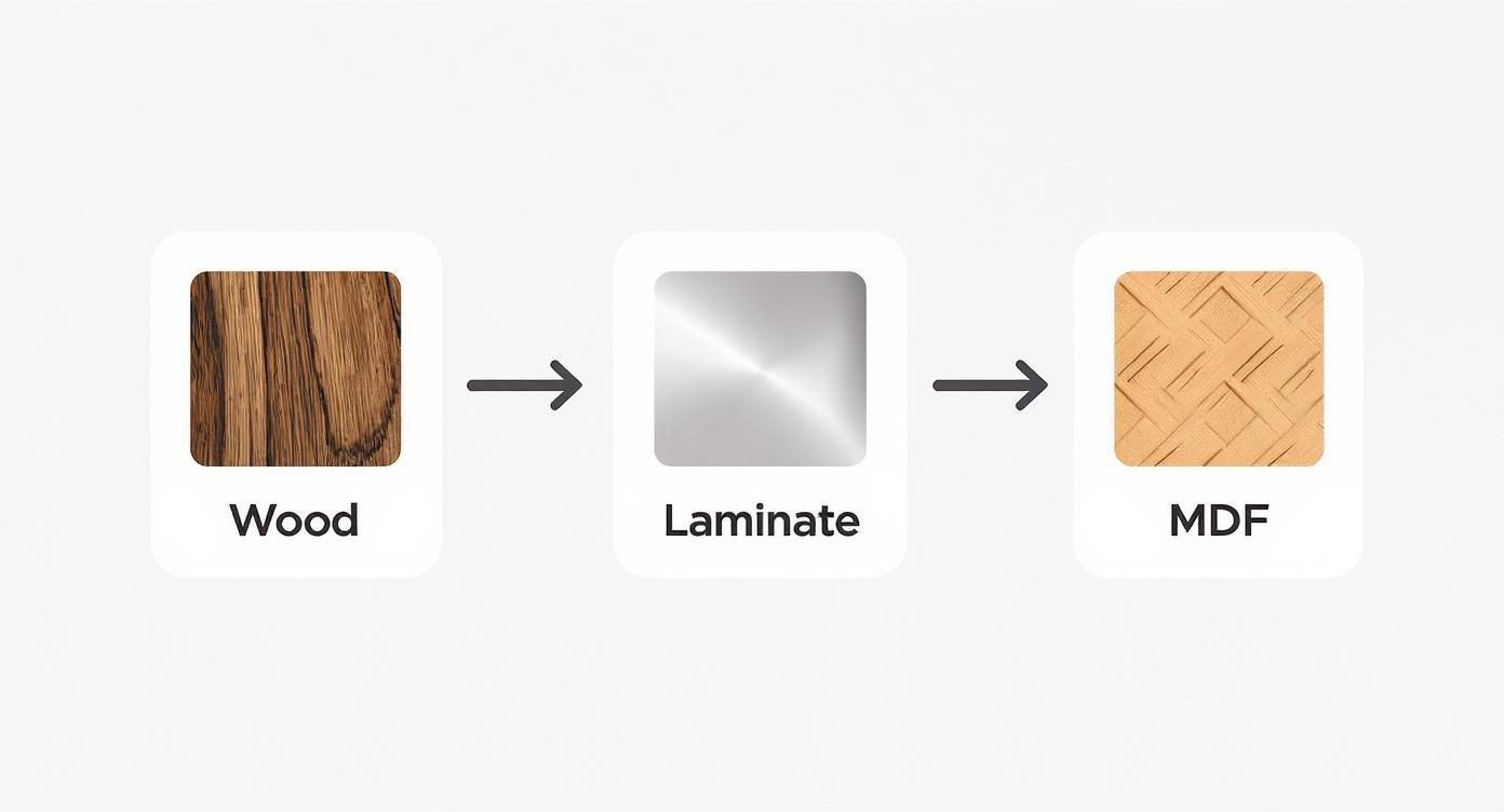 Kitchen Cabinet Painting Near Me: A Toronto Homeowner'S Guide A Diagram Showing A Progression From A Wood Texture, To A Brushed Metallic Laminate, To A Textured Mdf Panel.