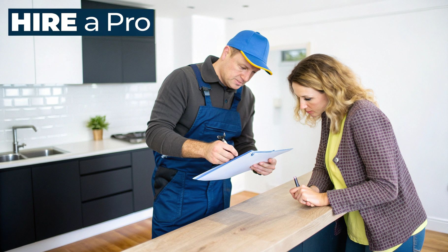 New House Painting In Toronto: Mike’s Guide For Homeowners A Handyman In Blue Overalls Explains A Document To A Female Client In A Bright, Modern Kitchen.