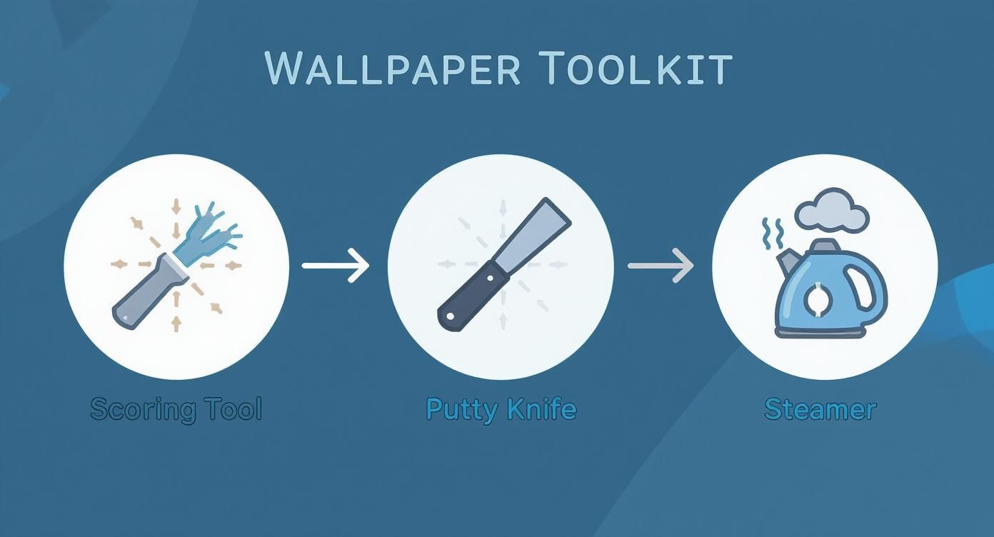 Taking Off Wallpaper: A Diy 2026 Guide For A Smooth Finish A Visual Guide Illustrating A Wallpaper Removal Toolkit: A Scoring Tool, A Putty Knife, And A Steamer.