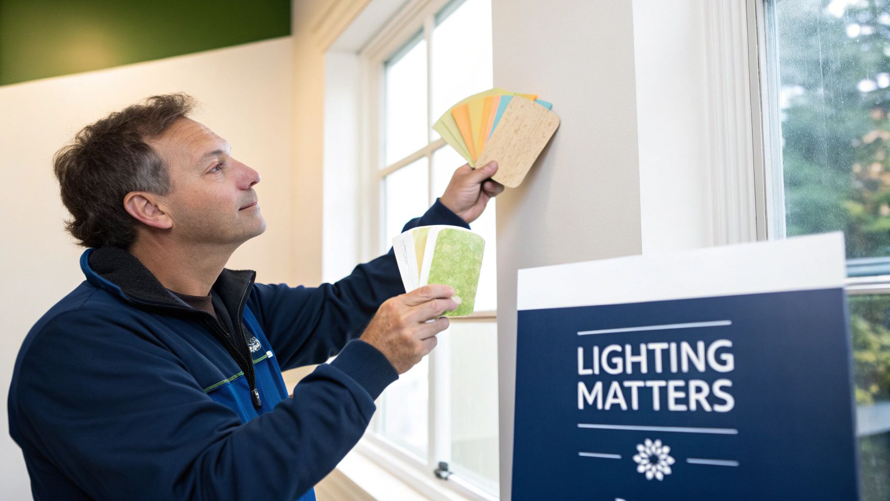 Finding A Limewash Painter Near Me In Toronto: A Guide By Mike Man In Blue Jacket Comparing Paint Color Swatches On A Wall Next To A Window, Focused On Selection.