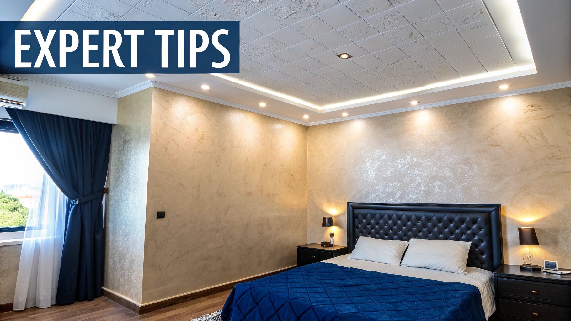 A Toronto Homeowner'S Guide To A Stunning Venetian Plaster Wall A Modern Bedroom With Textured Venetian Plaster Walls, A Bed With A Black Headboard, And Elegant Lighting.
