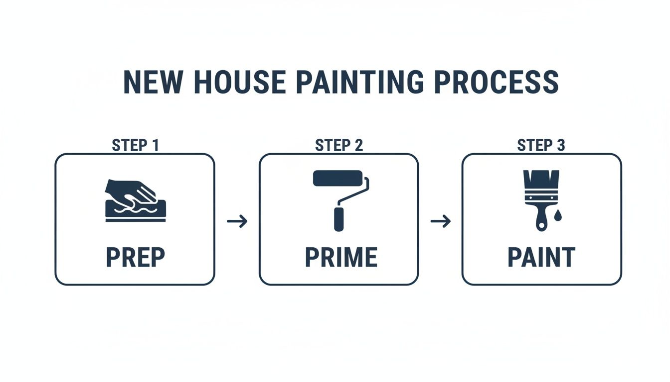 New House Painting In Toronto: Mike’s Guide For Homeowners A Three-Step New House Painting Process Diagram Showing Prep, Prime, And Paint With Corresponding Icons.