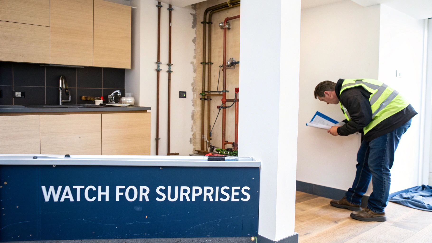 What Is The Real Cost Of Renovating A Kitchen In Toronto? A Construction Worker In A High-Vis Vest Inspects An Unfinished Kitchen With Exposed Pipes And A 'Watch For Surprises' Sign.