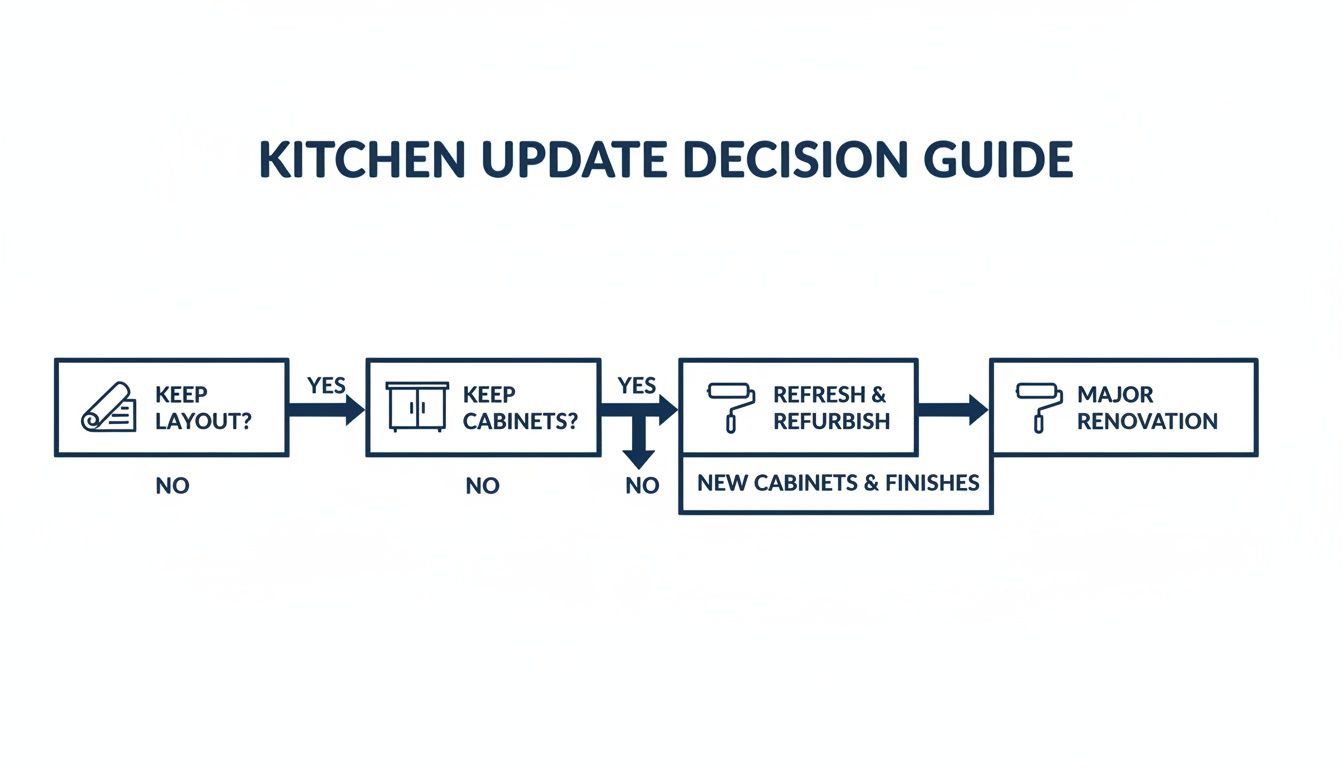 Cabinet Refinishing Near Me: Find Top Toronto Pros For A Flawless Kitchen A Flowchart Titled 'Kitchen Update Decision Guide' Detailing Steps For Renovation Decisions.