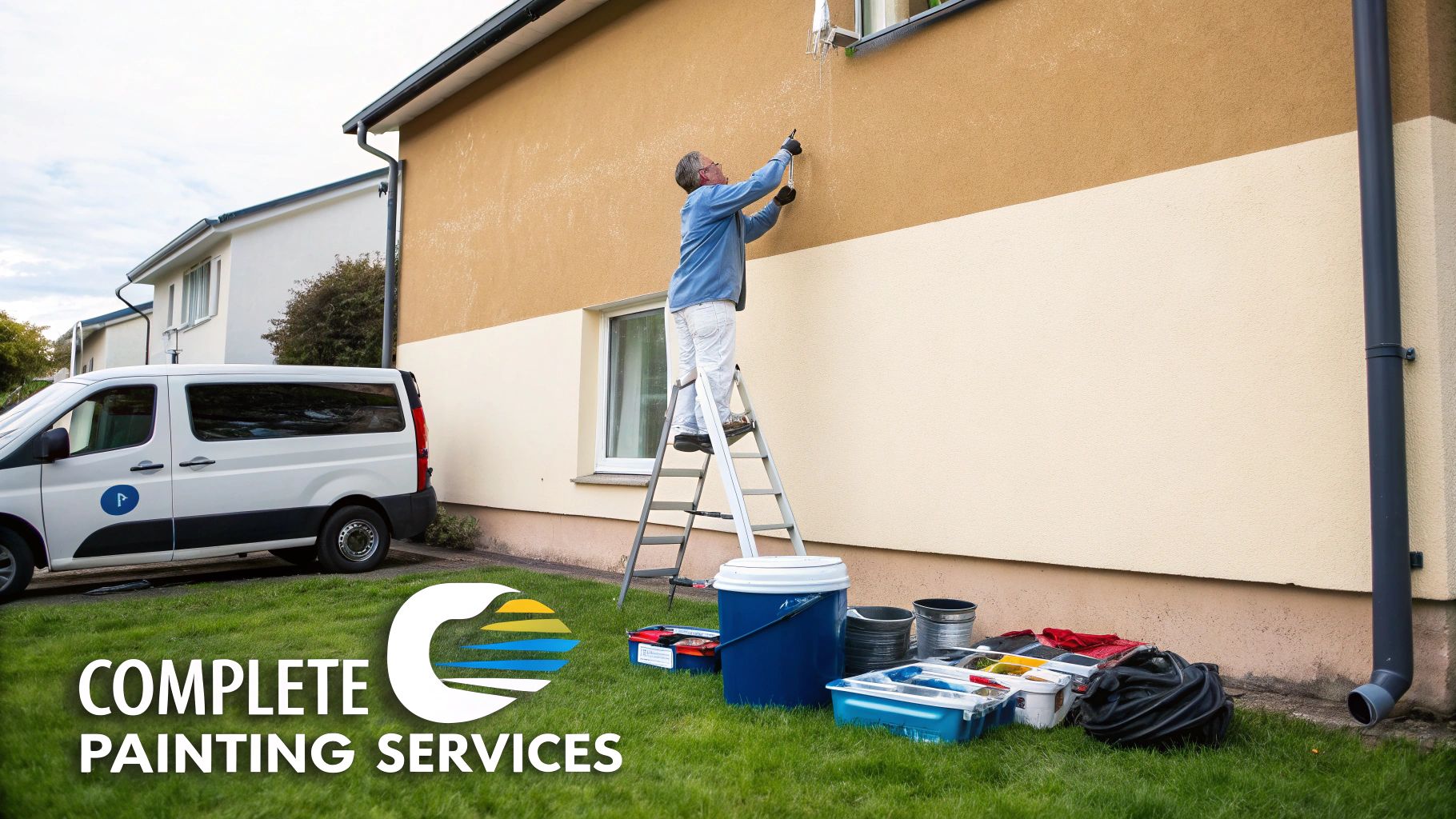 Why Royal Home Painters Is A Top Choice For Home Painters In Scarborough A Painter On A Ladder Applies Paint To A House Exterior, With A Service Van And Tools Nearby.
