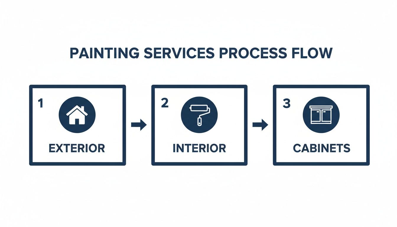 Top Choice For Home Painters In Newmarket A Process Flow Diagram Illustrating Painting Services For Exterior, Interior, And Cabinets.