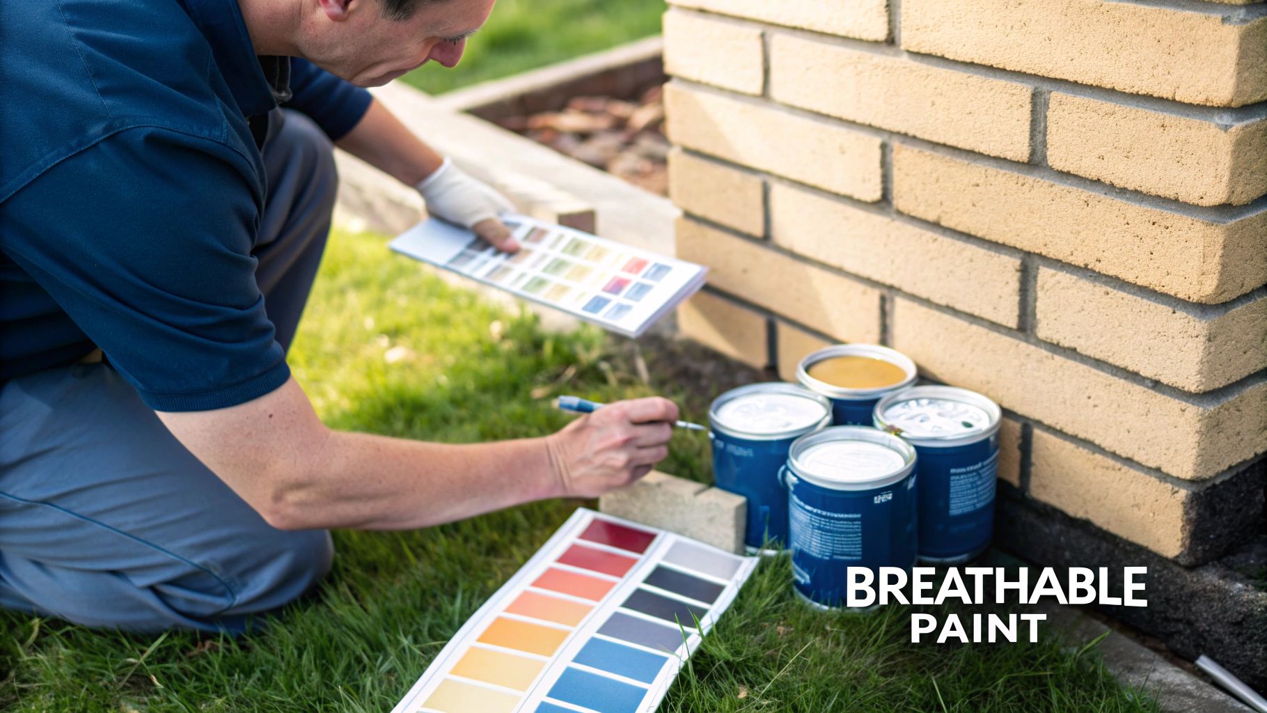 A Homeowner'S Guide To Painting Exterior Brickwork In Toronto A Person Selects Paint Colors From Swatches For Exterior Brickwork Next To Cans Of Breathable Paint.