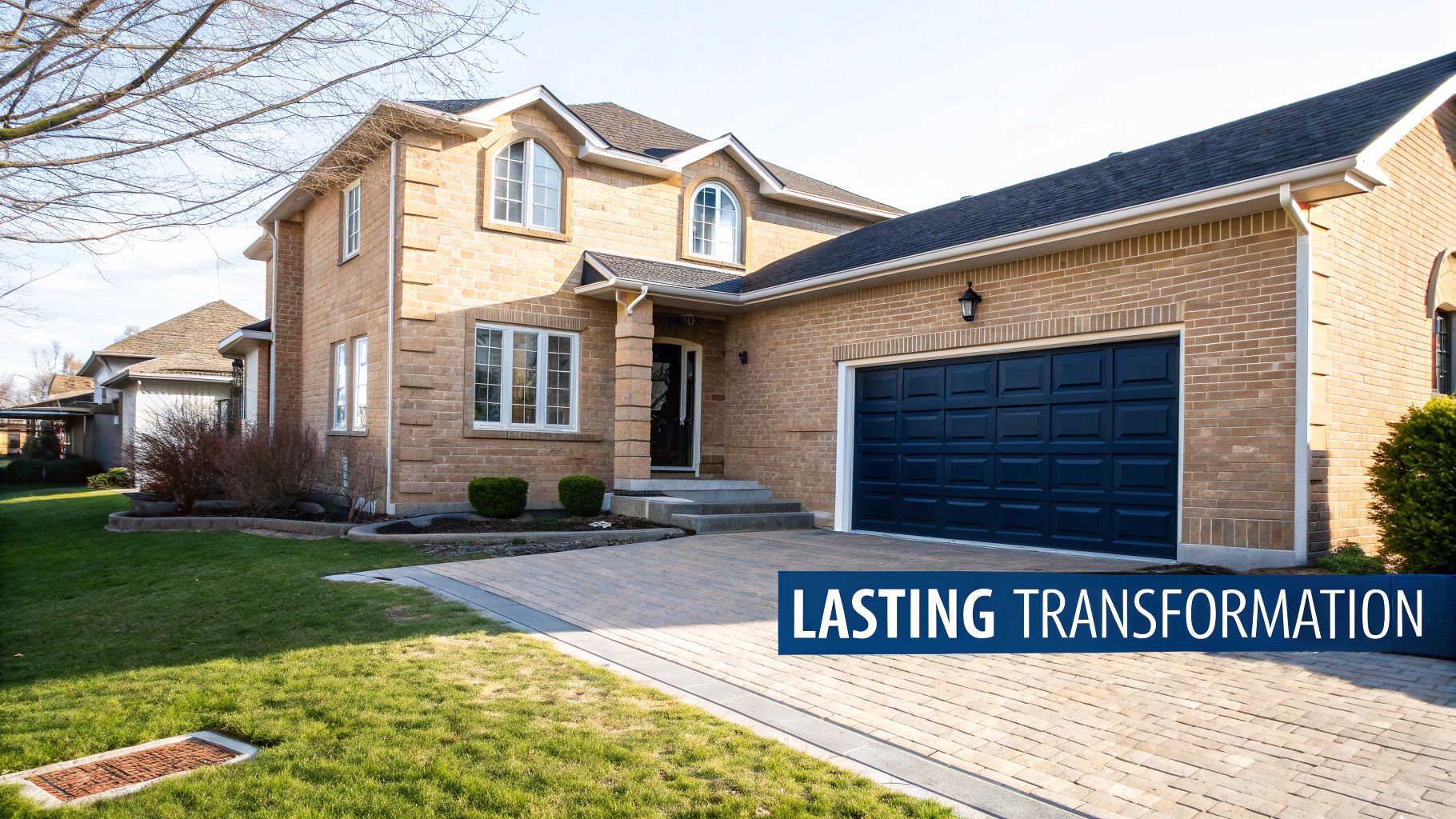 Brick Staining Vs Painting: The Best Way To Transform Your Toronto Home A Light Brown Brick House With A New Dark Blue Garage Door, A Paved Driveway, And Green Lawn.