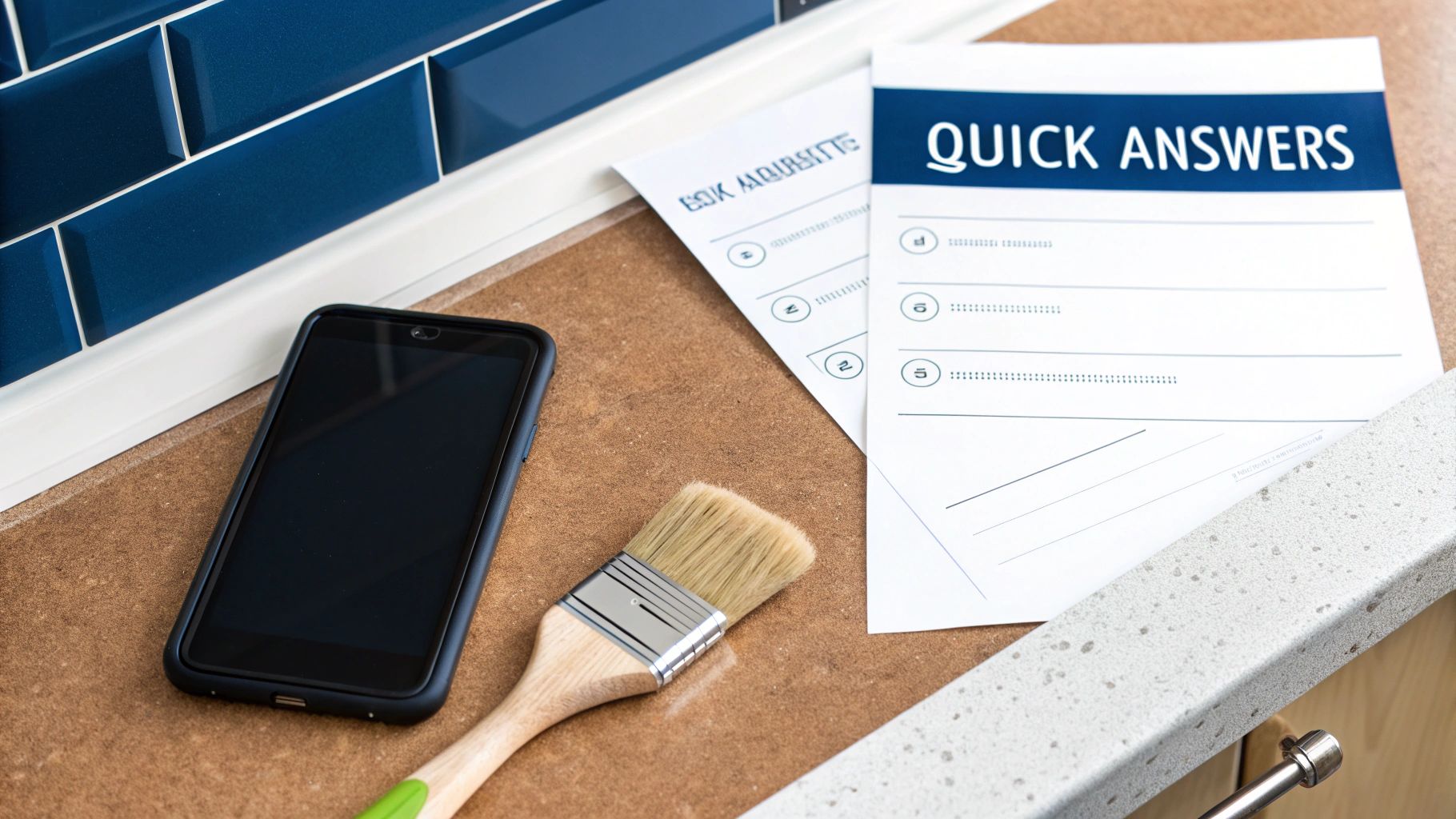 Painting Painted Cabinets: What Toronto Homeowners Need To Know A Smartphone, Paintbrush, And 'Quick Answers' Paper On A Countertop, With Blue Subway Tiles.