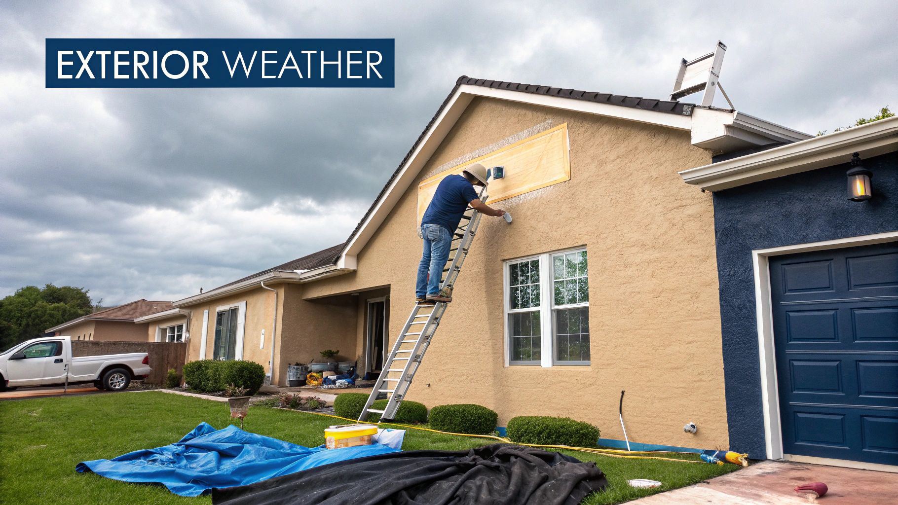 How Long To Paint A House? A Toronto Homeowner'S Guide A Man On A Ladder Paints The Exterior Of A Tan House With A Blue Garage Door Under A Cloudy Sky.
