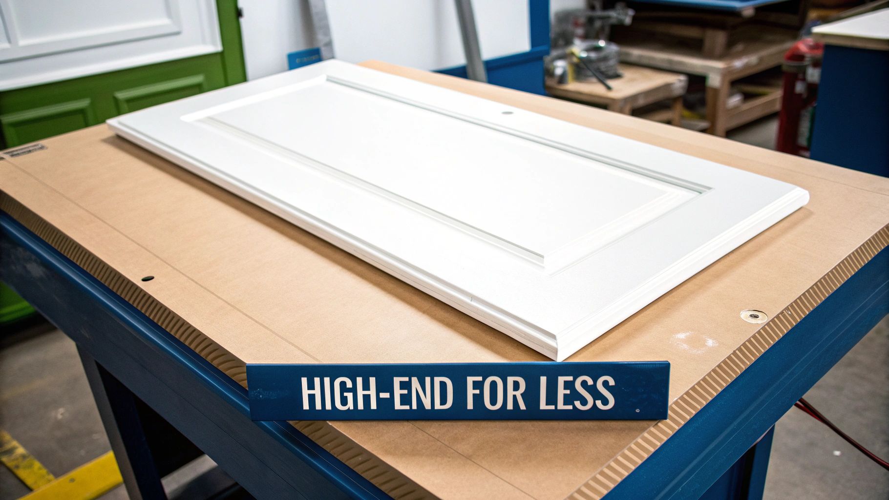 What Is The Real Cost Of Renovating A Kitchen In Toronto? A White Shaker-Style Cabinet Door Rests On A Brown Workbench, With A 'High-End For Less' Sign.