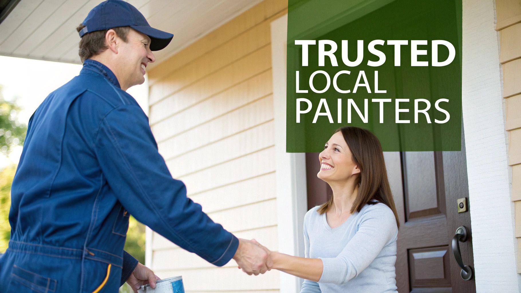 Why Royal Home Painters Is A Top Choice For Home Painters In Scarborough A Painter In A Blue Uniform Shakes Hands With A Smiling Woman Outside A House, Promoting Trusted Local Painters.
