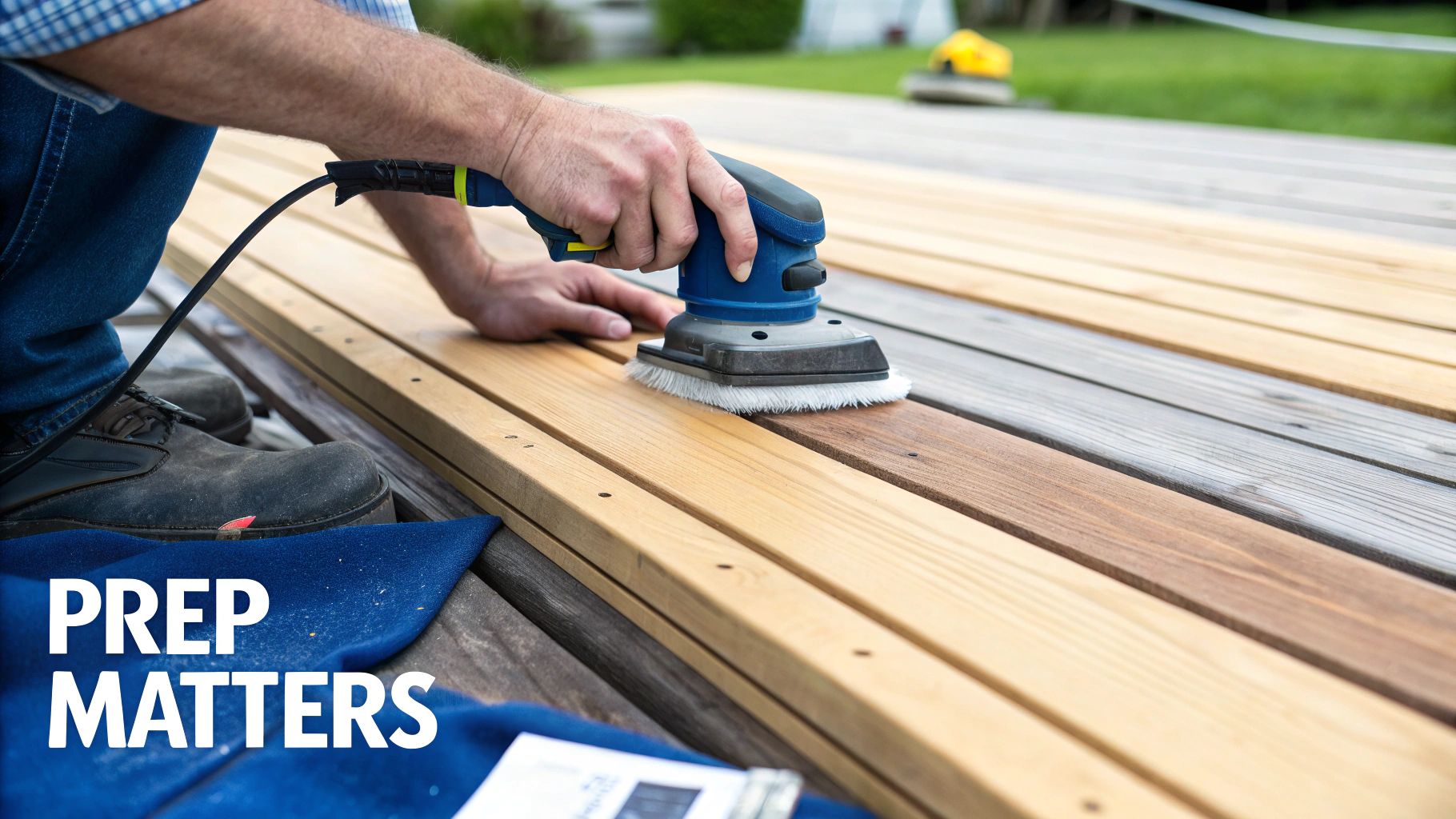 A Toronto Homeowner'S Guide To Oil Based Stain For Decks A Person Uses A Power Tool To Clean And Prepare A Wooden Deck, Highlighting The Importance Of Prep.