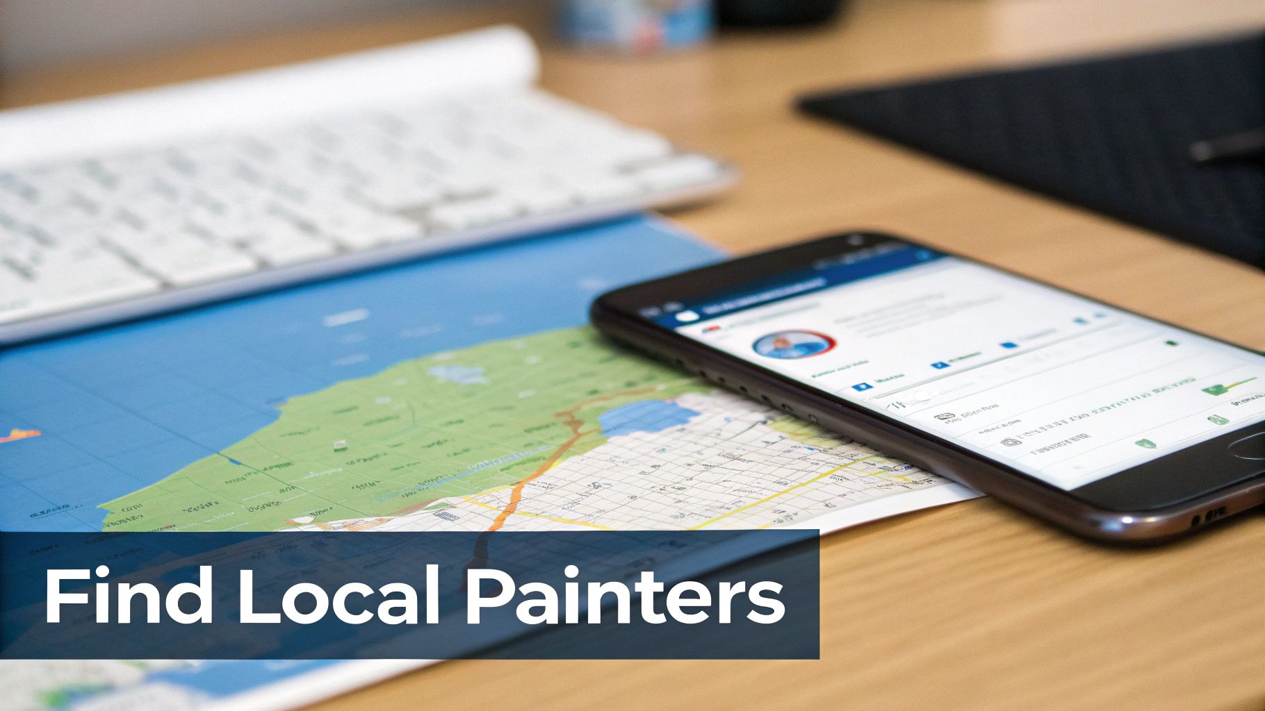 How To Find Top-Rated Painting Contractors Near Me In Toronto Smartphone And Map On A Desk, Used To Find Local Painting Contractors And Services.