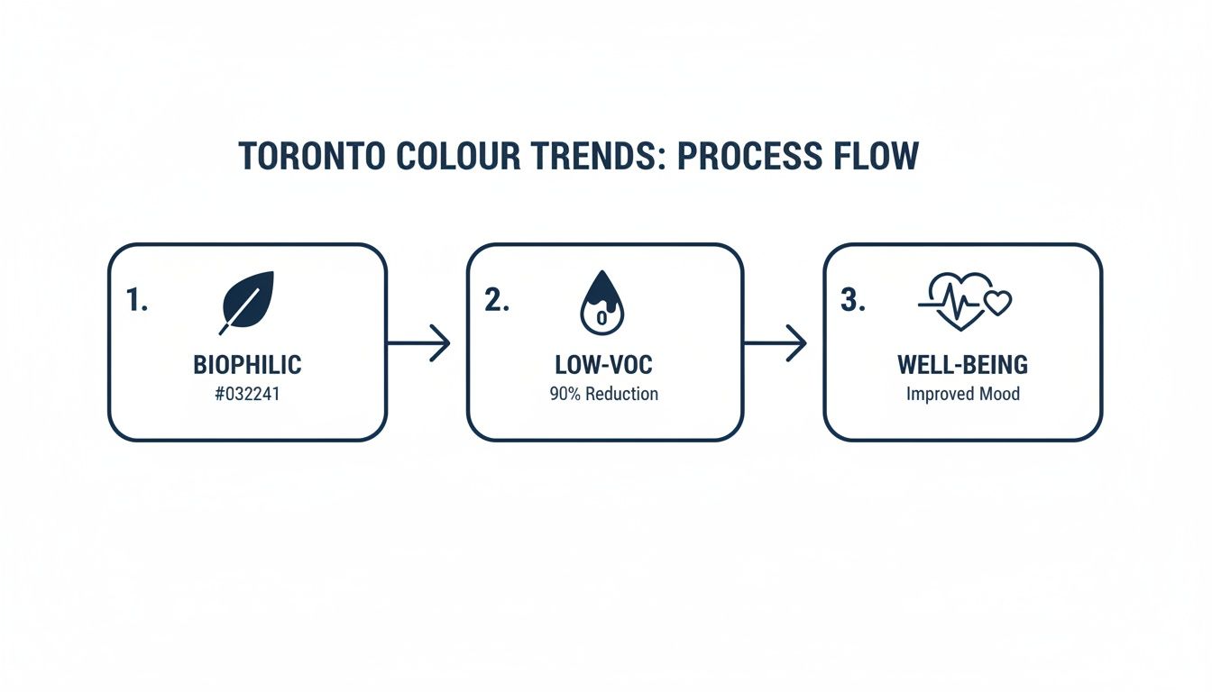 Colours For Commercial Interiors In Toronto: Transform Your Space A Process Flow Diagram Illustrating Toronto Colour Trends With Steps: Biophilic, Low-Voc, And Well-Being.