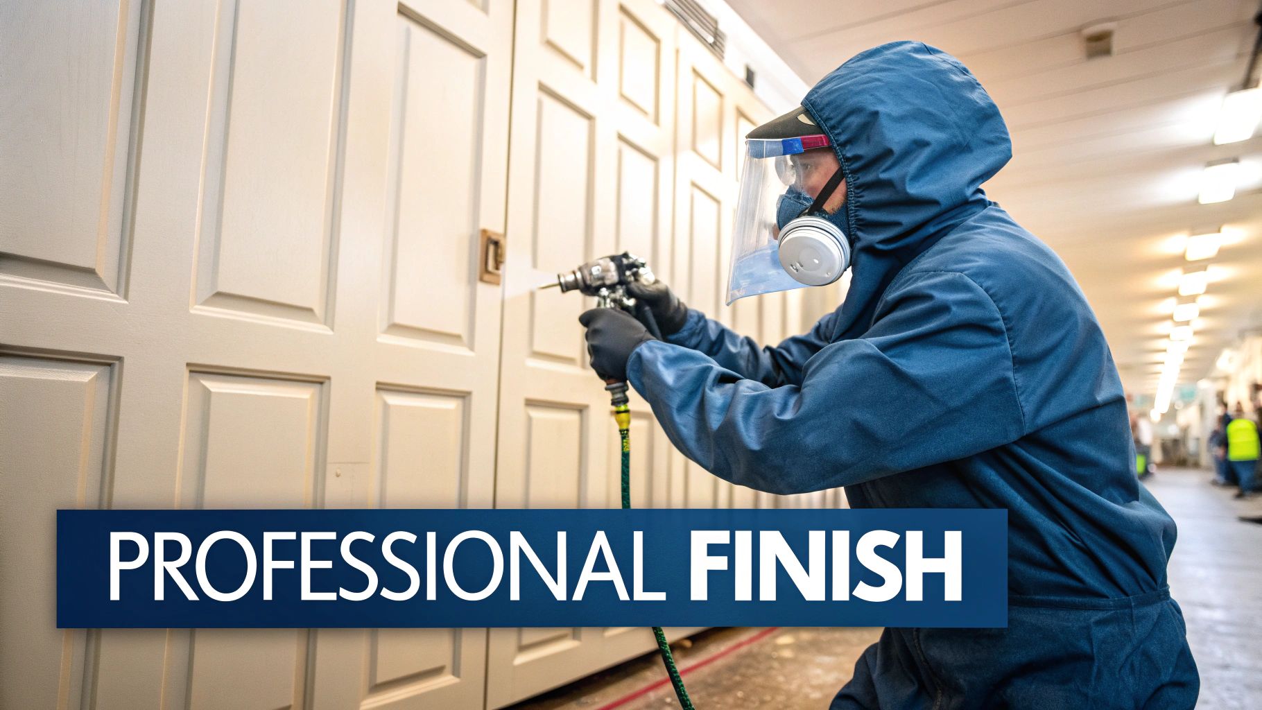 Best Paint For Cabinet Painting: Your Guide To A Flawless Kitchen Finish A Person In Full Protective Gear Spray Painting Light-Colored Cabinets For A Professional Finish.