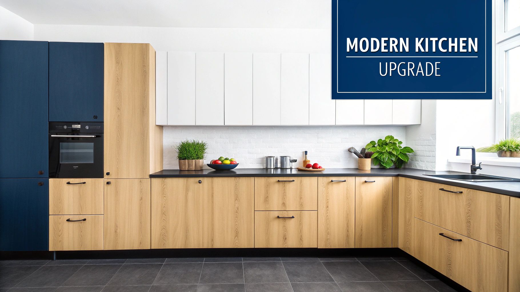 A Toronto Homeowner’s Guide To Painting Oak Cabinets A Modern Kitchen Featuring Navy Blue And Light Wood Cabinets, White Upper Units, Black Countertop, And A Built-In Oven.