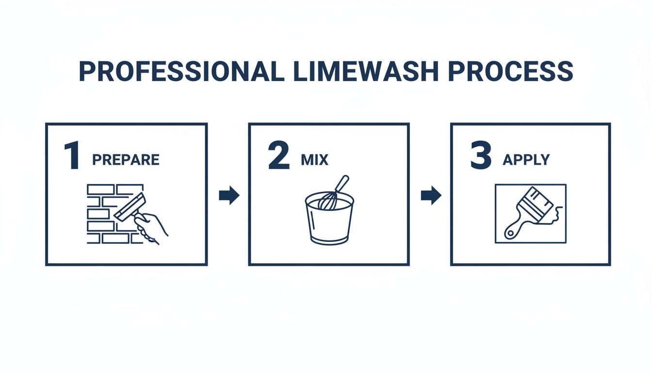 Painting With Limewash: A Timeless Finish For Your Toronto Home A Professional Limewash Process Illustrated In Three Steps: Prepare, Mix, And Apply With Tools.