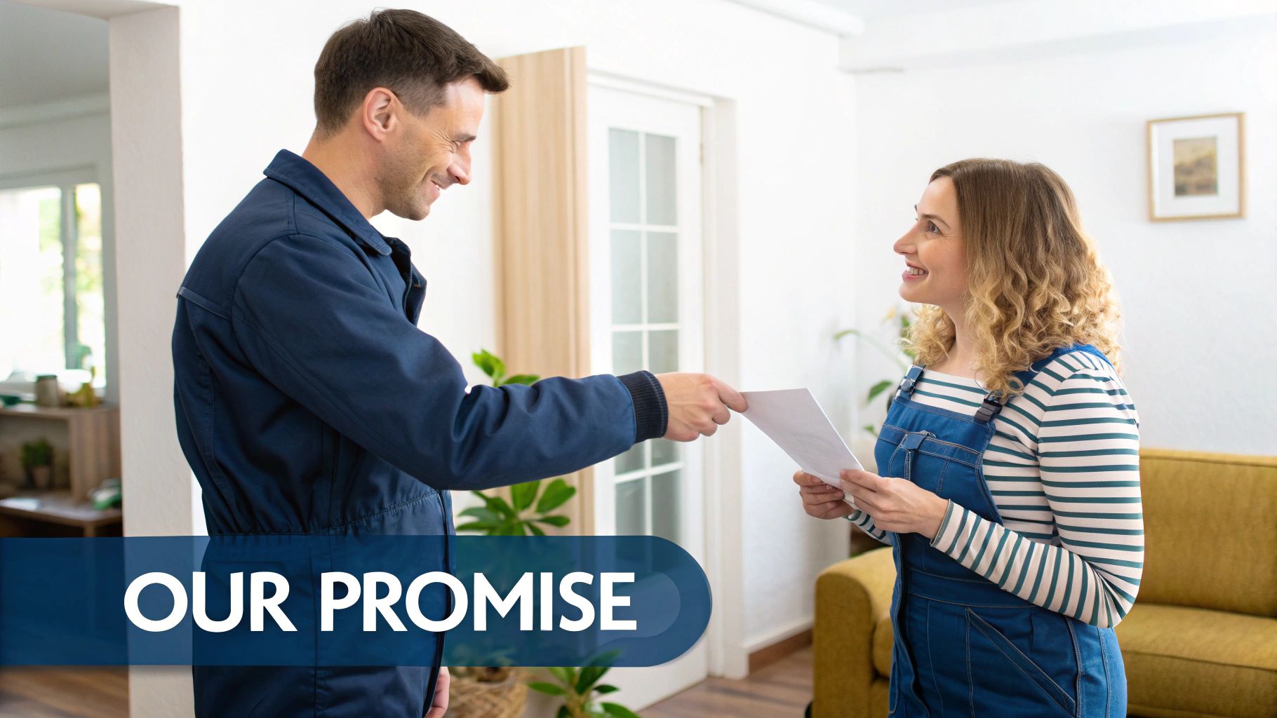 Your Guide To Finding The Best Painting Services Near Me In Toronto &Amp; Gta A Smiling Man In A Blue Jacket Hands A Document To A Happy Woman In A Home Setting.